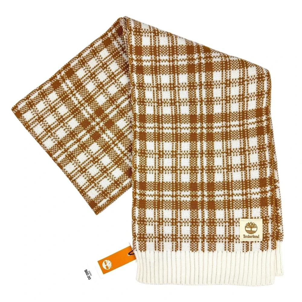 Timberland Buffalo Plaid Knit Scarf‎ Wheat Tan Cream Chunky Unisex OS NWT $60